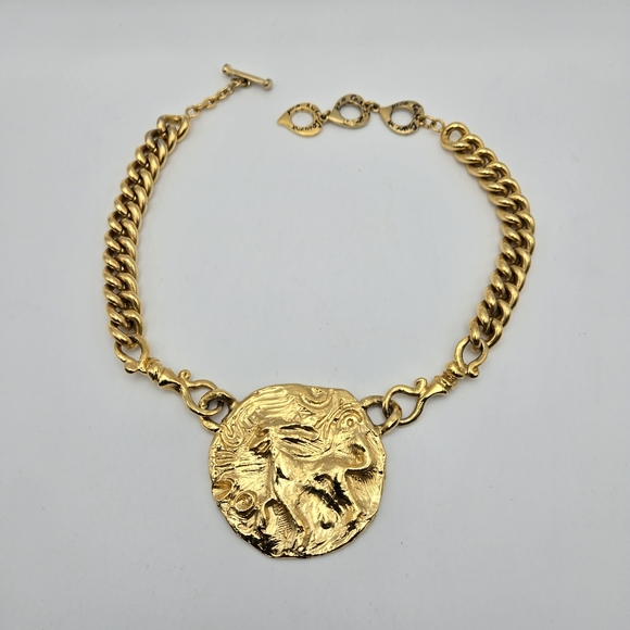 YSL Yves Saint Laurent Animal Pendant Necklace Chunky Goldtone Statement Mogul - Picture 3 of 7